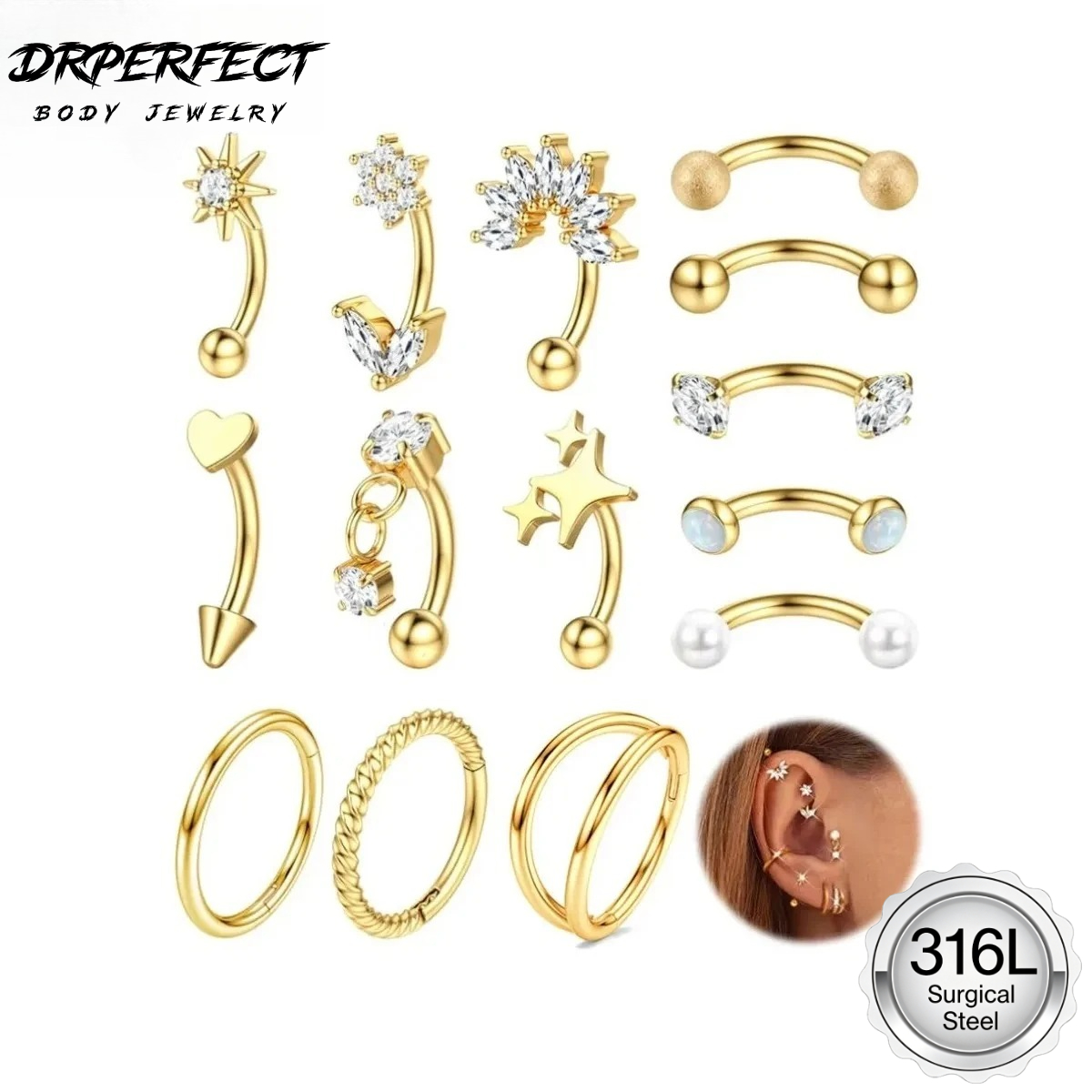 Eyebrow Curved Barbell - Drperfect 1PC ルーク眉毛ピアス 16G フラットヘリックスフープ 垂直カーブバーベル