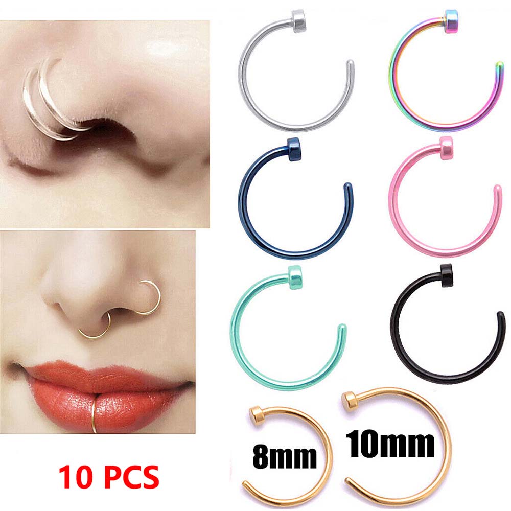 Body Jewelry On Sale - 10個シンプルな耳リング販売サージカルステンレスフェイクピアススタッドで8/10ミリメートルクリップ小さなフープオープン鼻リング薄型チタン鋼
