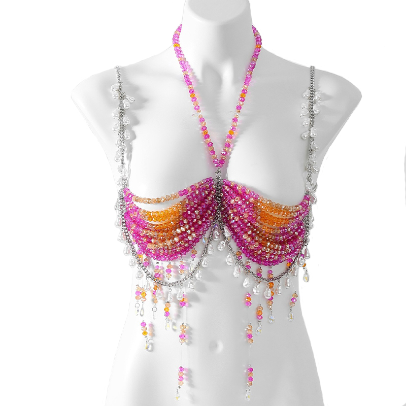 Body Jewelry Nipple Chain - 2026年新作 フェスティバル向け女性用ボディジュエリー ハンドメイドクリスタルブラレット タッセル付きビーズホルターボディチェーンブラ