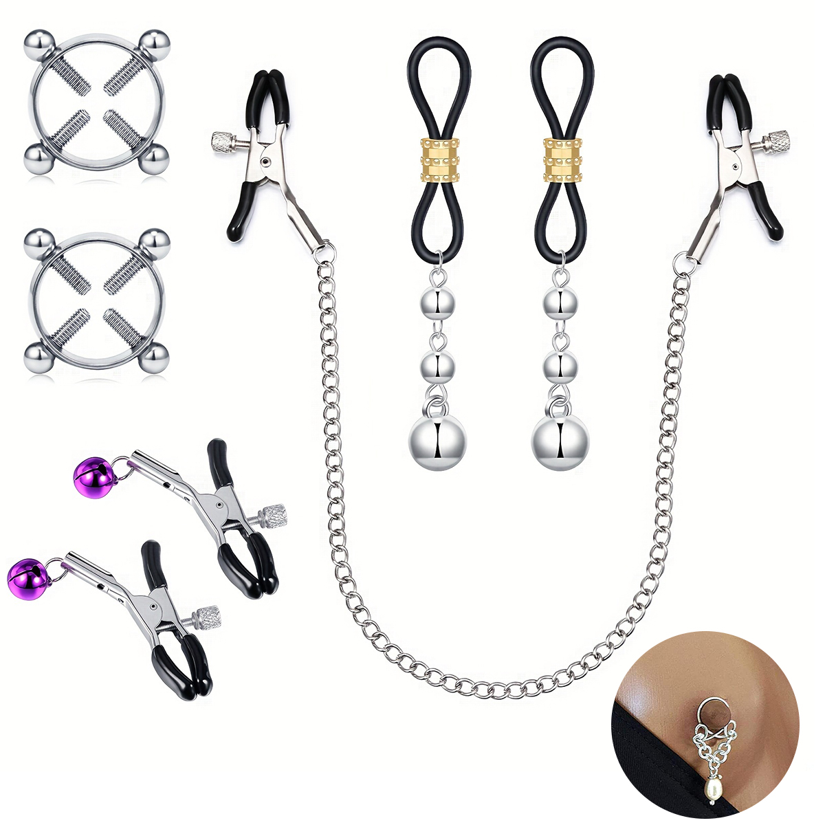 Body Jewelry Nipple Chain - ステンレス製の偽の乳首ピアス,ボタン,花,ベル,ボールチェーンの装飾,ピアスなし,1セット