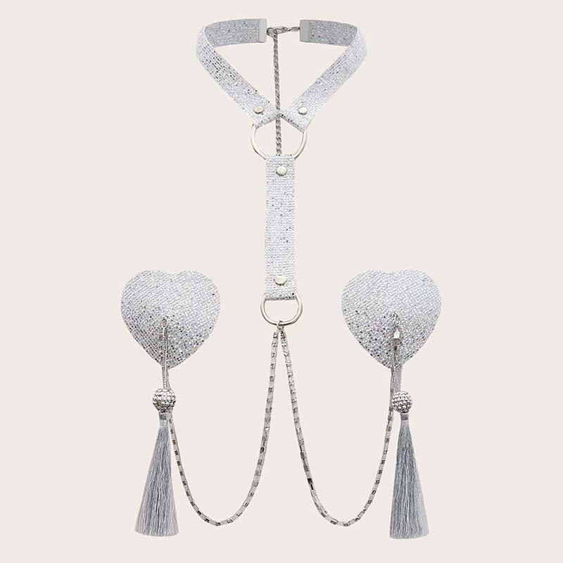 Body Jewelry Nipple Chain - 西洋風フリンジ付きパステルチェーン、スパンコールハート付きセクシーボディジュエリー、女性用ボヘミアンチェストネックレス、ニップルカバーチェーンアクセサリー