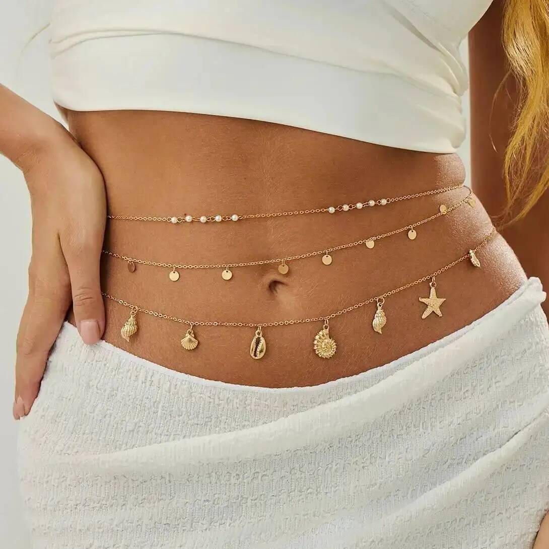 Body Jewelry Sale - IngeSight.Z 3 ピース/セット自由奔放に生きるヒトデ巻貝ペンダントウエストベリーチェーン女性の夏のビーチセクシーなビキニベルトボディジュエリーアクセサリー