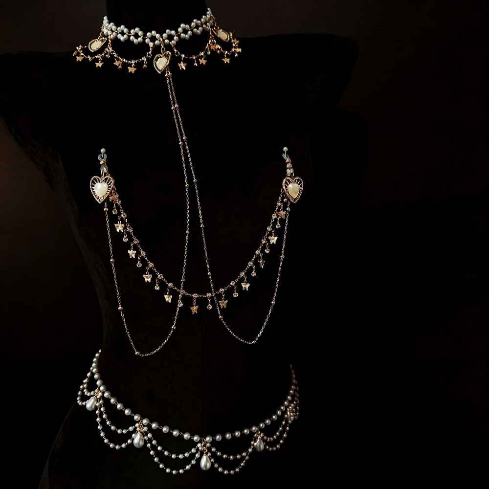 Body Jewelry Nipple Chain - パールチョーカーボディチェーンラインストーンバタフライペンダントニップルクランプ刺激器大人用セックストイ代替フェチジュエリー