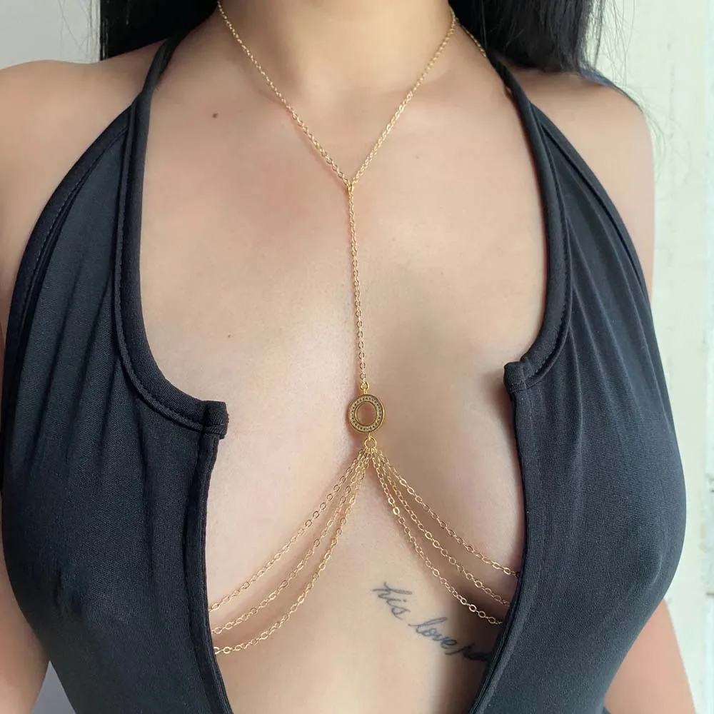 Body Jewelry Nipple Chain - 中空ラウンド乳首チェーン非ピアスジュエリーシンプルなボディチェーンラインストーンファッションビキニ重ね着胸アクセサリーパーティー