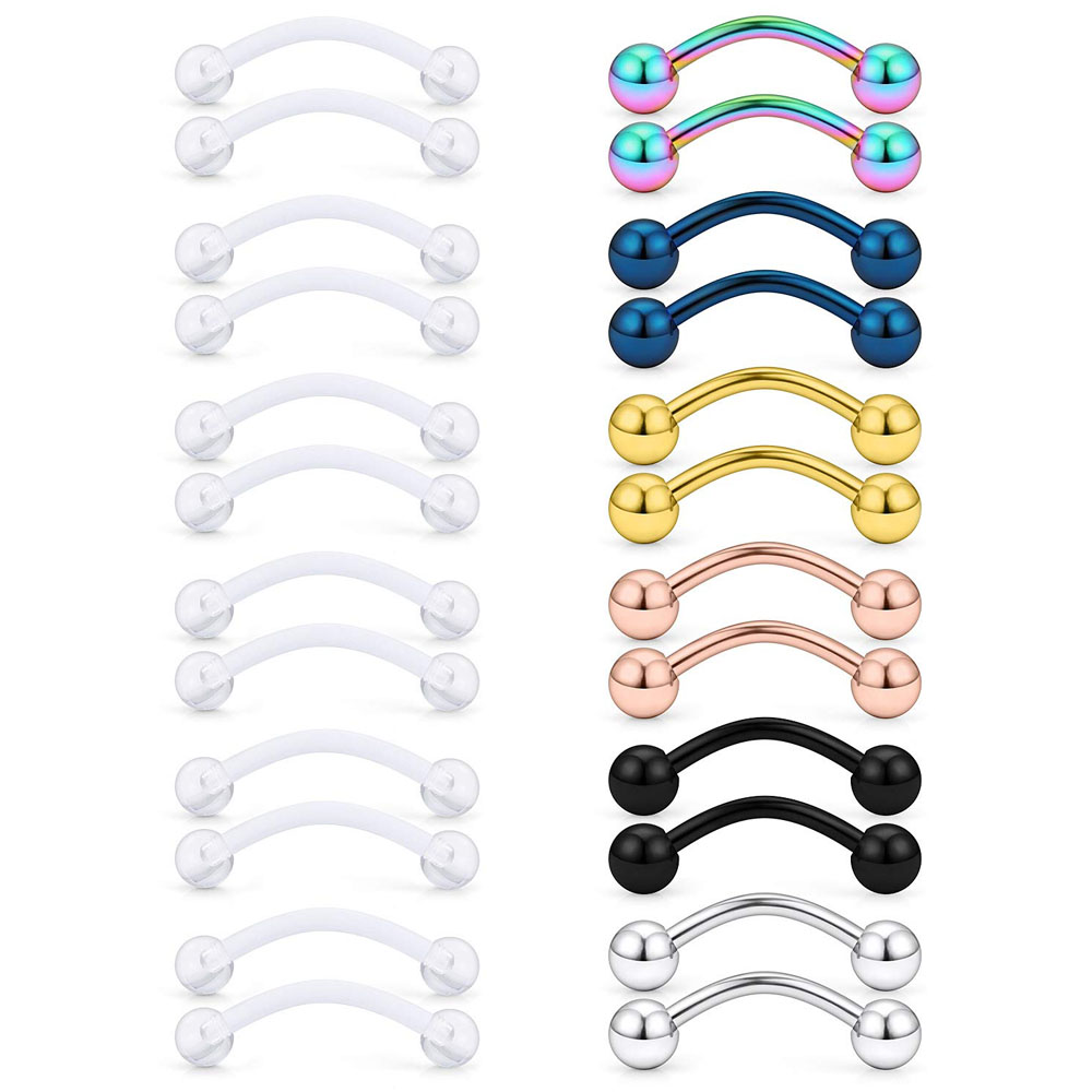 Eyebrow Curved Barbell - バイオフレックス-ステンレス鋼の湾曲された舌リング、透明なアクリルピアスリテーナー、バーベル乳首、スネークアイ、16g、2個