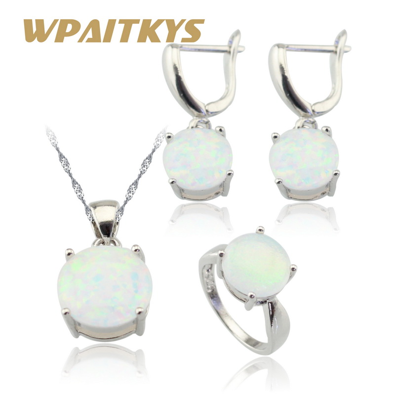 Body Jewelry Australia - Australianホワイトファイヤーオパール女性用ジュエリーセット、シルバーカラー、ネックレスペンダント、ドロップイヤリング、リングギフトボックス