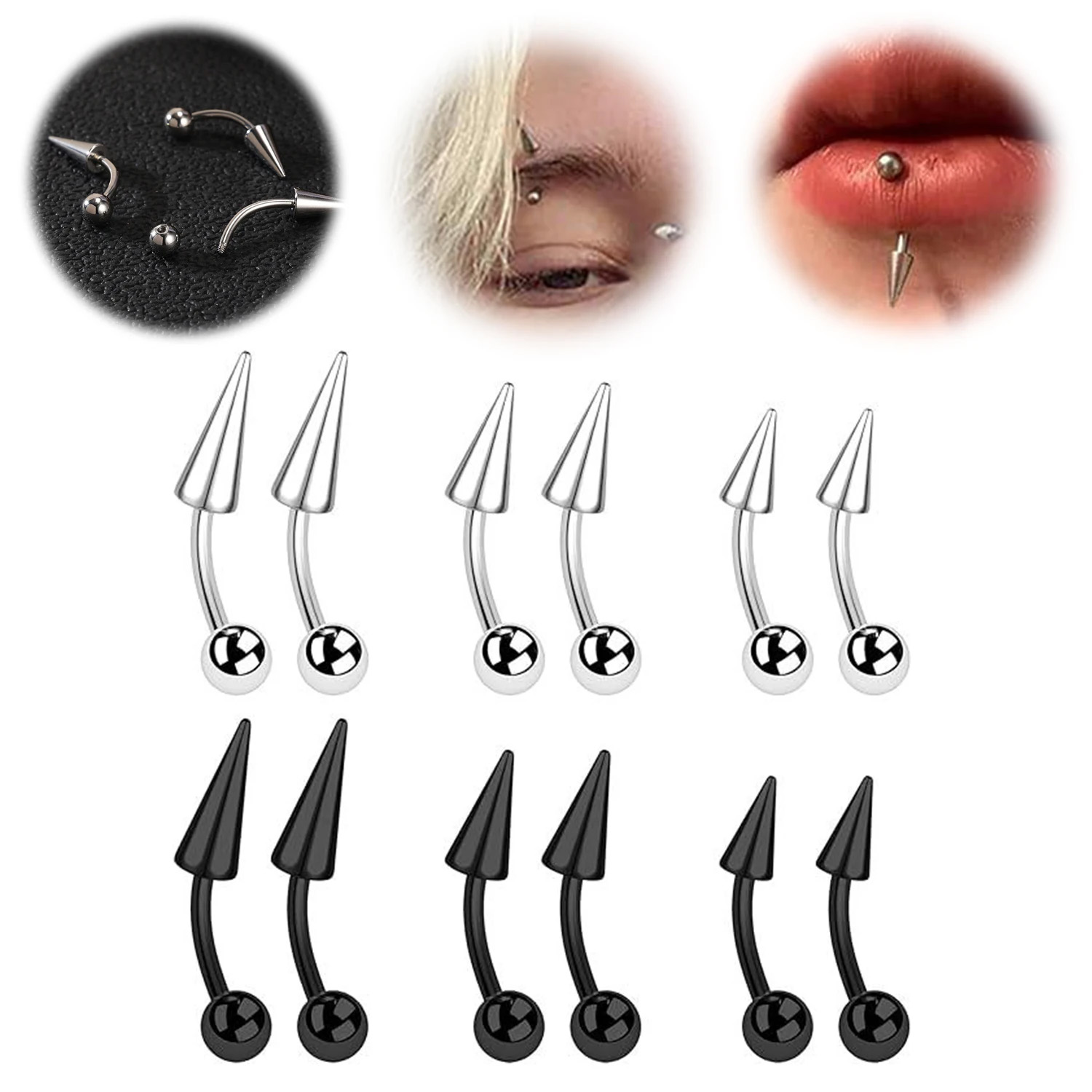 Eyebrow Curved Barbell - 1PC 16 グラムロングスパイクブリッジステンレス鋼眉毛リング湾曲したバーベル軟骨イヤリングパンクコーンラブレットピアスジュエリー