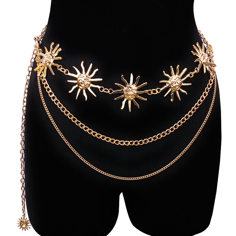 Body Jewelry Sale - チャンキーな多層パンクゴシックムーンサンウエストチェーンメタルウエストベルト、女性用ドレスジュエリーボディチェーンジュエリー
