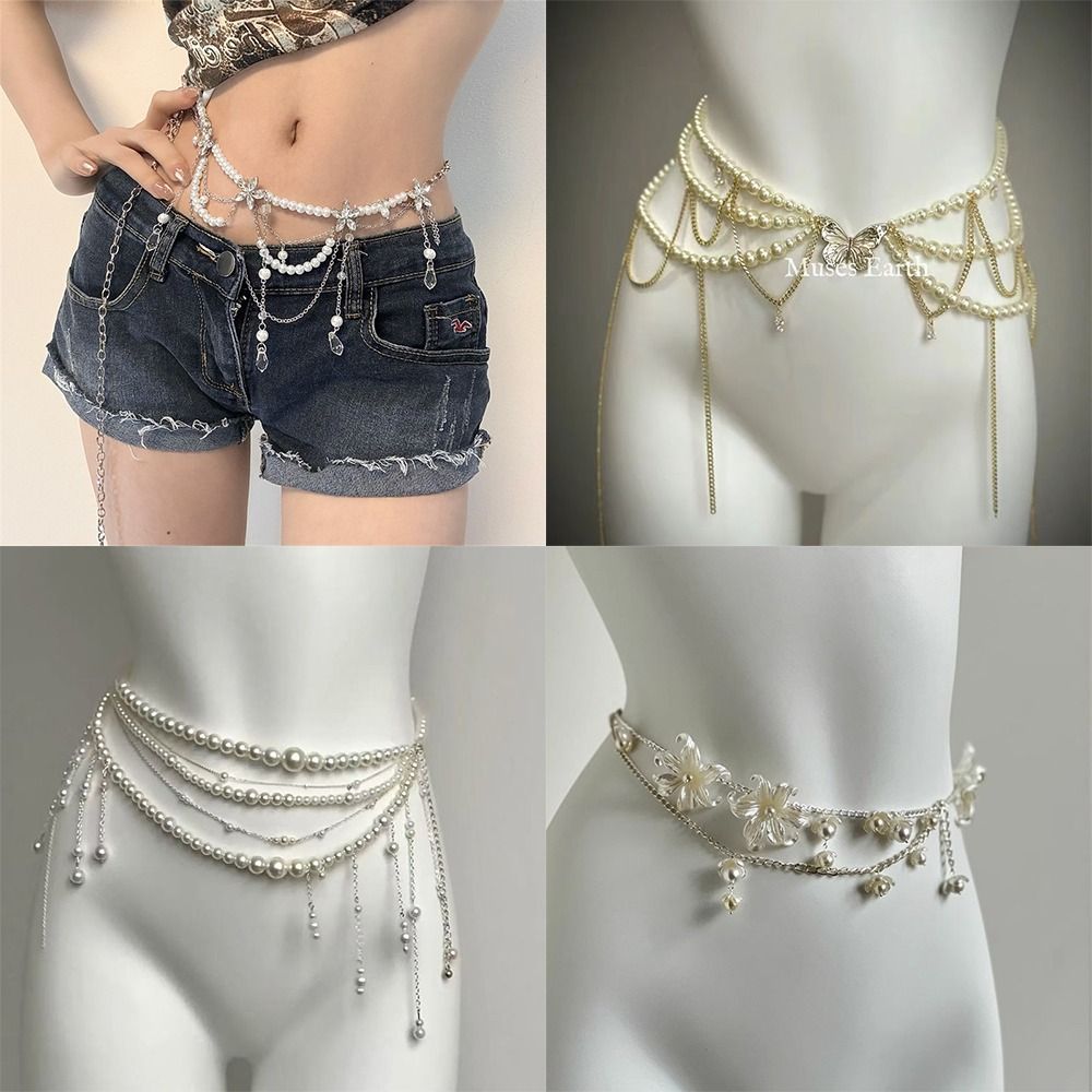Body Jewelry Sale - ファッションエレガントなパールウエストチェーンウエストアクセサリー多用途フローラルベリーチェーンボヘミアンヒップチェーン女性用