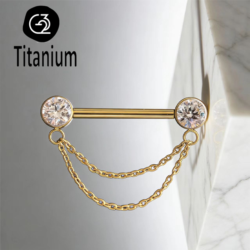 Body Jewelry Nipple Chain - ASTM F136規格チタン製ニップルピアスジュエリー、チェーン付きCZベゼル、舌ピアス、乳首ピアス、女性用セクシーピアス、14G