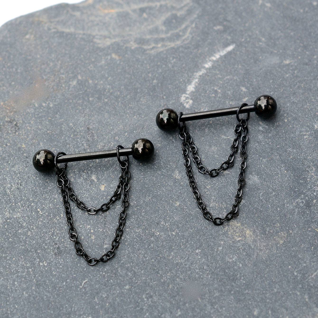 Body Jewelry Nipple Chain - ステンレス鋼のバーベルニップルピアス,女性用,コーン型ボールチェーン,セクシーなボディジュエリー,黒,パンクシールド,14g