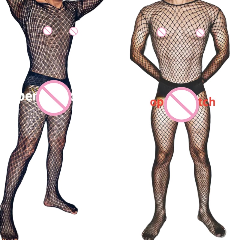 Body Jewelry Plus - プラスサイズのメンズブラックセクシーなランジェリー網タイツボディストッキング男性下着エキゾチックなランジェリー男性オープンクロッチ透明タイツ