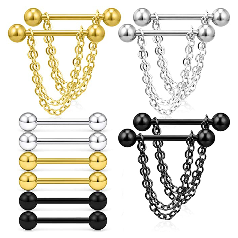 Body Jewelry Nipple Chain - 6ペア乳首リング14 14gサージカルステンレスチェーンブラブラ乳首シールドバーベルピアスnippleringsバージュエリーキット