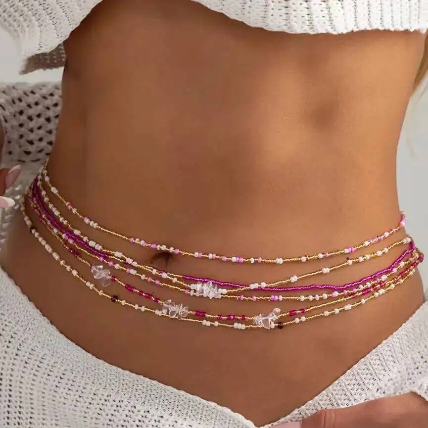 Body Jewelry Sale - SHIXIN 6個セット ボヘミアン カラフル ライスビーズ ウエストチェーン