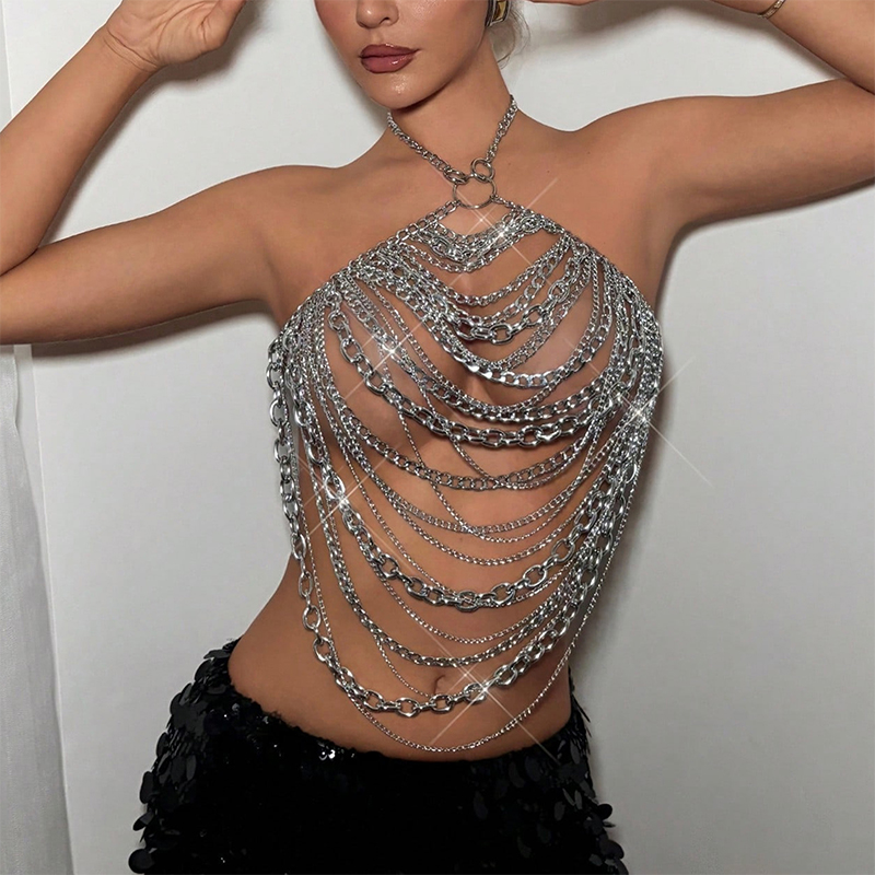 女性用フェスティバル衣装　手作りシルバーチェーンメールボディ - Body Jewelry Nipple Chain のレビューと価格