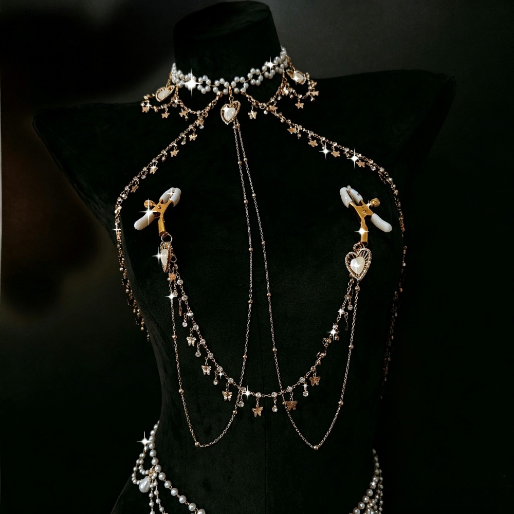 パールチョーカーボディチェーンラインストーンバタフライペンダ - Body Jewelry Nipple Chain のレビューと価格
