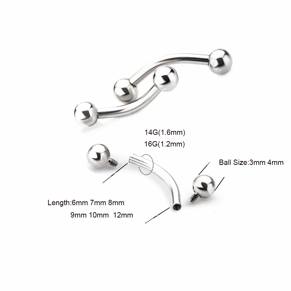 10個 ASTM F136 チタン 14G 16G カーブバ - Eyebrow Curved Barbell のレビューと価格