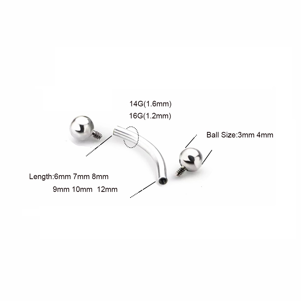 10個 ASTM F136 チタン 14G 16G カーブバ - Eyebrow Curved Barbell のレビューと価格