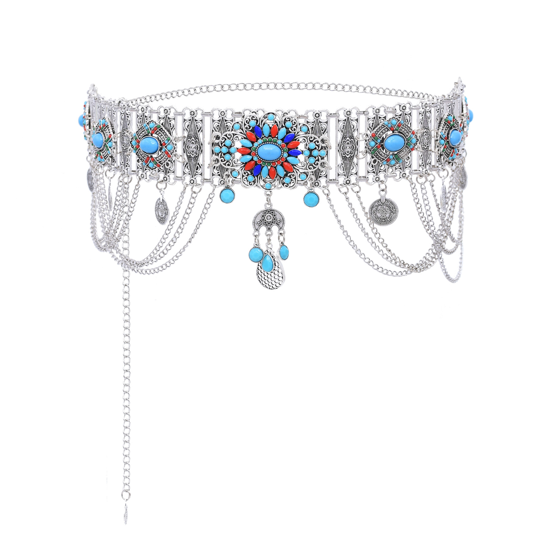 黒青アクリルビーズフラワーコインロングタッセルウエストベリー - Body Jewelry Indian のレビューと価格