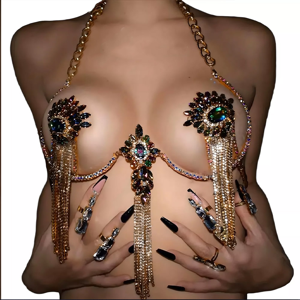 セクシーなタッセルカラークリスタル胸チェーンネックレス女性ビ - Body Jewelry Nipple Chain のレビューと価格