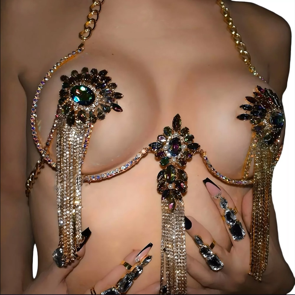 セクシーなタッセルカラークリスタル胸チェーンネックレス女性ビ - Body Jewelry Nipple Chain のレビューと価格